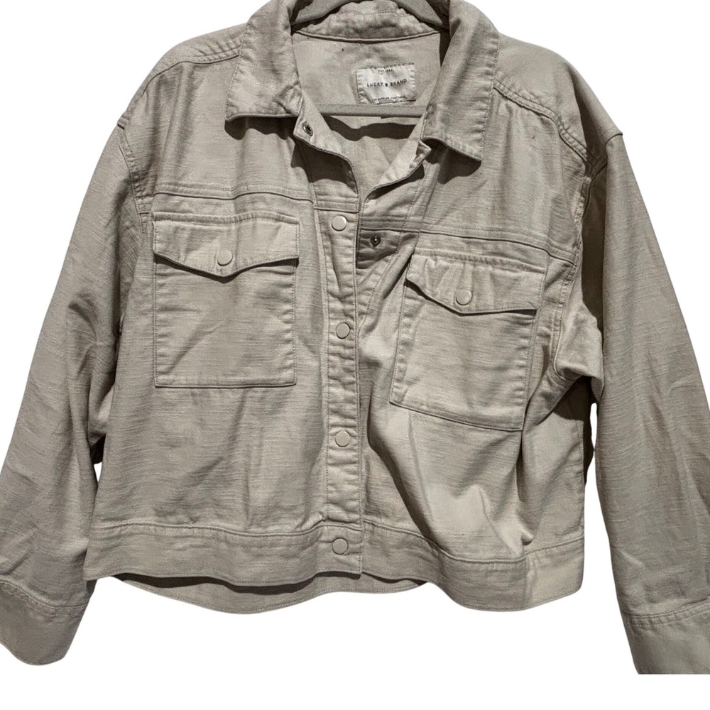 Lucky Brand trucker Jean Jacket Beige tan Soft Boho Women XL capsule cowgirl